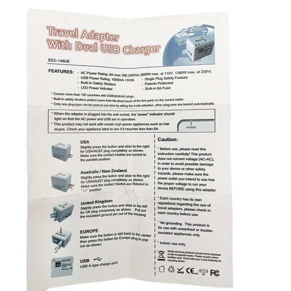 Travel Adapter with Dual USB Charger Black Supports USA Australia UK Europe NIB - Picture 2 of 12